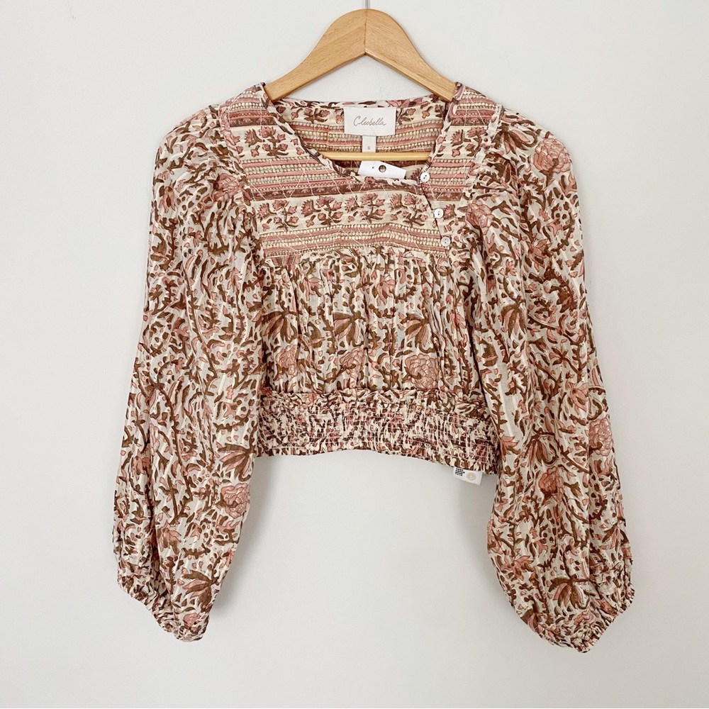 Cleobella Lydia Cropped Smocked Long-Sleeve Top - Blush Floral In Organic Cotton